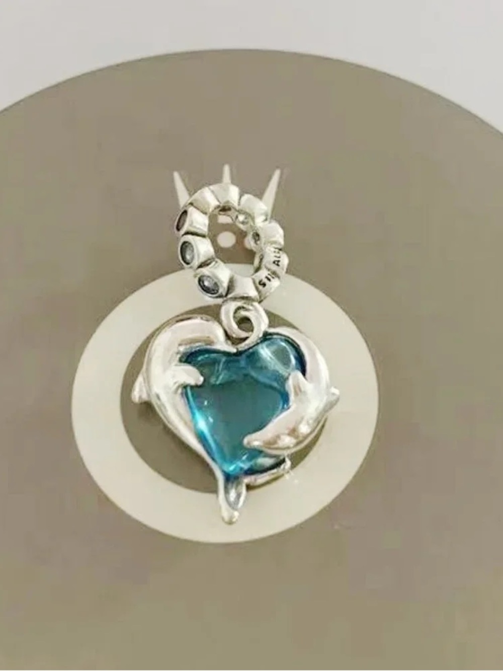 Pandora Silver Dolphin Heart Charm with Blue Center Glass
